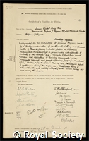 King, Louis Vessot: certificate of election to the Royal Society