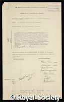 Jeffreys, Sir Harold: certificate of election to the Royal Society