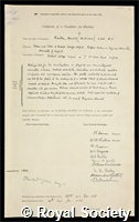 Hartley, Sir Harold Brewer: certificate of election to the Royal Society