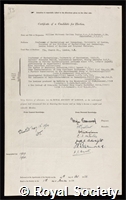 Topley, William Whiteman Carlton: certificate of election to the Royal Society