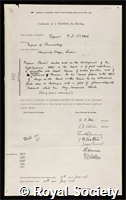 Clark, Alfred Joseph: certificate of election to the Royal Society