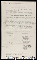James, Sydney Price: certificate of election to the Royal Society