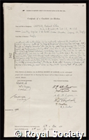 Carter, Frederick William: certificate of election to the Royal Society