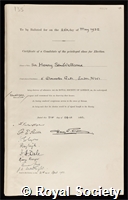 Wellcome, Sir Henry Solomon: certificate of election to the Royal Society