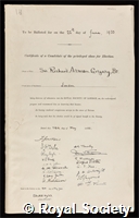 Gregory, Sir Richard Arman: certificate of election to the Royal Society