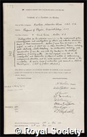 Rankine, Alexander Oliver: certificate of election to the Royal Society