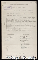 Graaff-Hunter, James de: certificate of election to the Royal Society