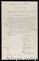 Peters, Sir Rudolph Albert: certificate of election to the Royal Society