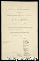 Middleton, Sir Thomas Hudson: certificate of election to the Royal Society