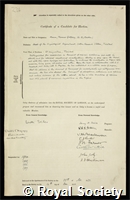 Mason, Thomas Godfrey: certificate of election to the Royal Society
