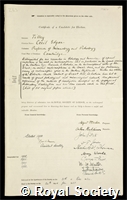 Tilley, Cecil Edgar: certificate of election to the Royal Society