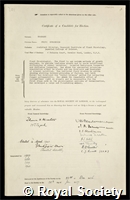 Gregory, Frederick Gugenheim: certificate of election to the Royal Society
