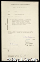 Dudley, Sir Sheldon Francis: certificate of election to the Royal Society
