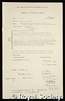 Rivett, Sir Albert Cherbury David: certificate of election to the Royal Society