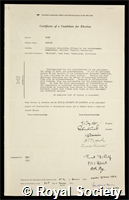 Fage, Arthur: certificate of election to the Royal Society
