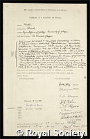 Hindle, Edward: certificate of election to the Royal Society