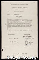 Fox, Sir John Jacob: certificate of election to the Royal Society