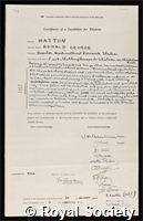 Hatton, Sir Ronald George: certificate of election to the Royal Society