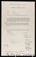 Farren, Sir William Scott: certificate of election to the Royal Society