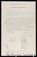 Gulland, John Masson: certificate of election to the Royal Society