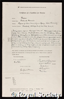 Rowe, Frederick Maurice: certificate of election to the Royal Society