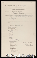 Karman, Theodore von: certificate of election to the Royal Society