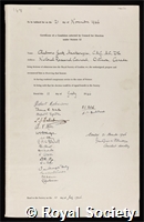 Mackenzie, Chalmers Jack: certificate of election to the Royal Society