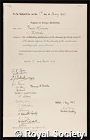 Karrer, Paul: certificate of election to the Royal Society