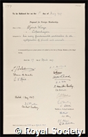 Winge, Ojvind: certificate of election to the Royal Society