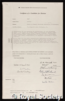 Peat, Stanley: certificate of election to the Royal Society