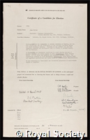 Ryde, John Walter: certificate of election to the Royal Society