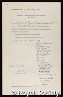 Cripps, Sir Richard Stafford: certificate of election to the Royal Society