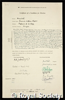 Brambell, Francis William Rogers: certificate of election to the Royal Society