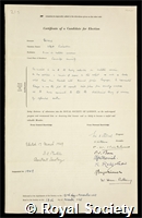 Evans, Ulick Richardson: certificate of election to the Royal Society