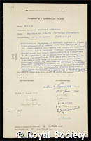 King, William Bernard Robinson: certificate of election to the Royal Society