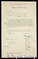 Mather, Sir Kenneth: certificate of election to the Royal Society