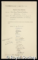 Skottsberg, Carl Johan Fredrik: certificate of election to the Royal Society