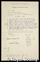 Ing, Harry Raymond: certificate of election to the Royal Society