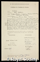 Turing, Alan Mathison: certificate of election to the Royal Society