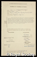 James, William Owen: certificate of election to the Royal Society