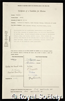 Tolansky, Samuel: certificate of election to the Royal Society