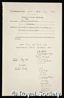 Horstadius, Sven Otto: certificate of election to the Royal Society