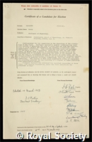 Barcroft, Henry: certificate of election to the Royal Society