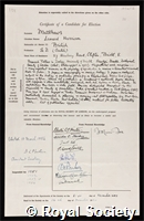 Matthews, Leonard Harrison: certificate of election to the Royal Society