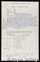Hoyle, Sir Fred: certificate of election to the Royal Society
