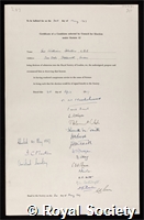 Slater, Sir William Kershaw: certificate of election to the Royal Society
