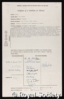 Baker, John Randal: certificate of election to the Royal Society