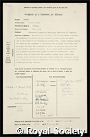 Keynes, Richard Darwin: certificate of election to the Royal Society
