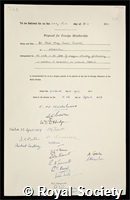 Theorell, Axel Hugo Teodor: certificate of election to the Royal Society