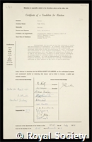 Huxley, Hugh Esmor: certificate of election to the Royal Society